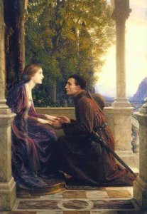 Medieval man kneeling before lady