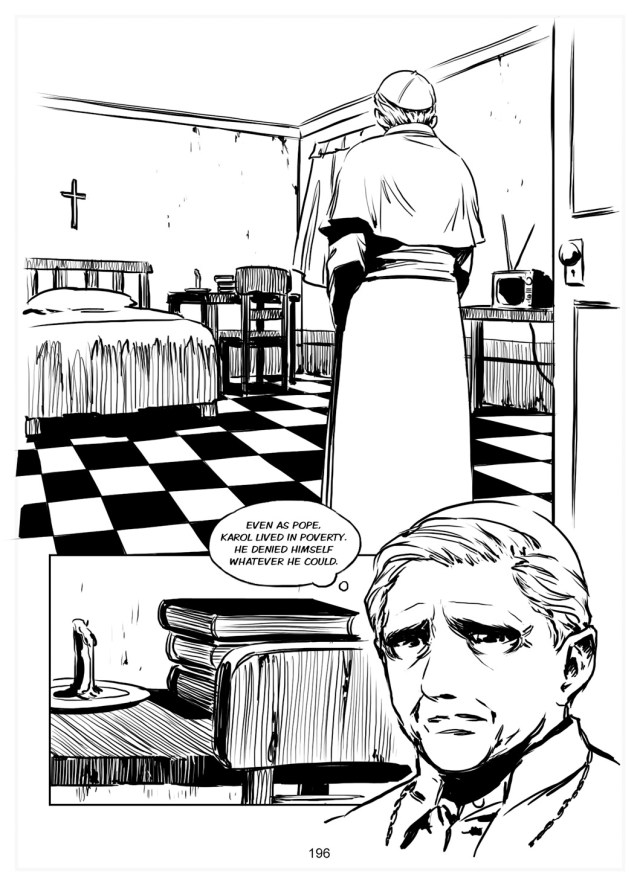A page from the manga biography of Benedict XVI. This shows Benedict's first sight of his new home as the Bishop of Rome, exactly as John Paul II had left it. He made the decision to live exactly as his friend and predecessor had lived, with only one exception: he added a stereo to listen to classical music. Extravagance! (Click on the image to buy a copy from our friends at Chesterton Press. It's a great book.)