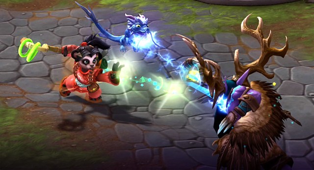 A pandaren with a flying dragon nearby throws a kung-fu attack at her enemy