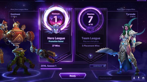 A display showing the ranked play of the game, with ranks for Hero League and Team League