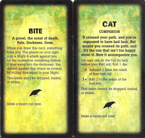 Left: an Omen card from the original game. Notice the poetic style of the flavor text. Right: an Omen from Widow's Walk. Far more straightforward flavor text.