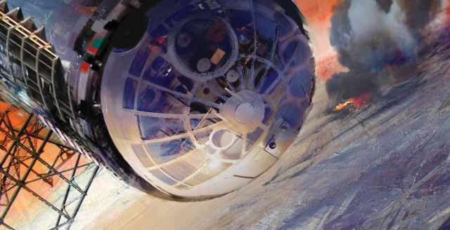 Cover spread for the novel "Caliban's War"; features a spaceship in orbit over a world