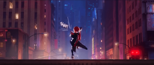 Atop a truck, Miles Morales shoots spiderwebbing with the conspicuous onomatopoeia "THWIP!"